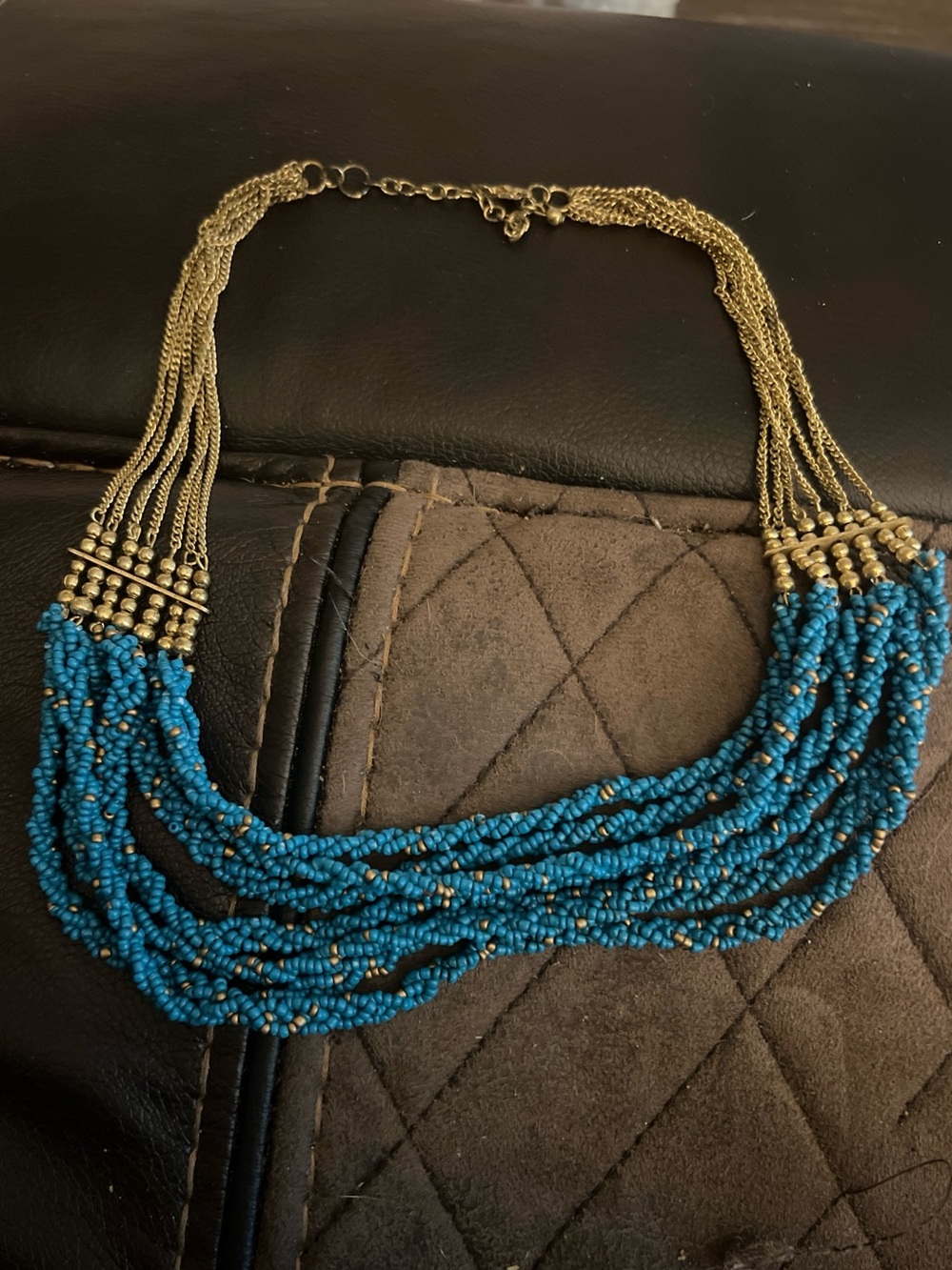 Boho Turquoise Seed Bead Multi Strand Statement Necklace Antique Gold Hardware
